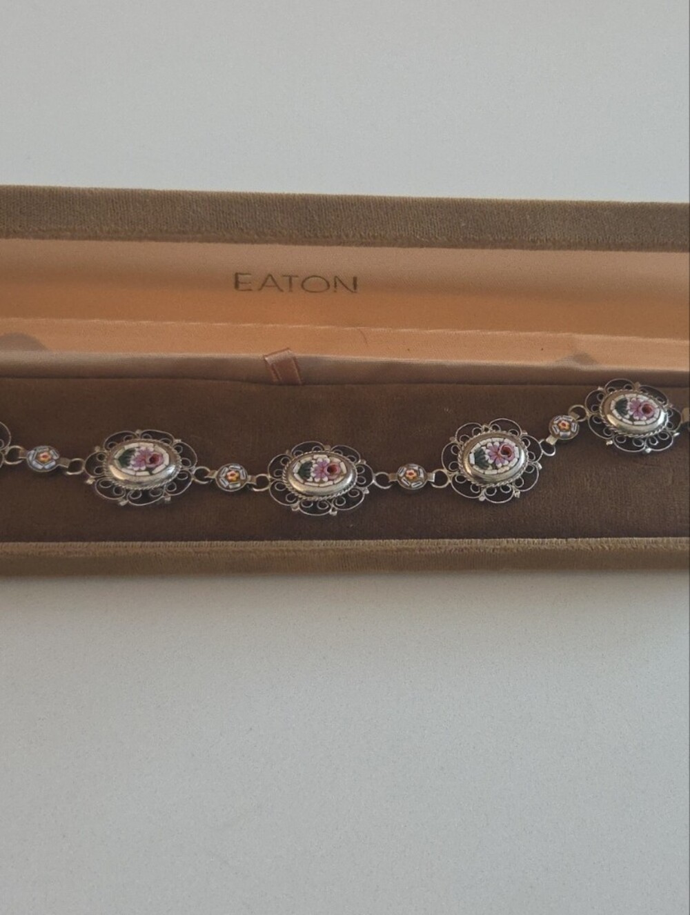 Micro-mosaic Silver Filigree Bracelet with Pink and Gold Accents